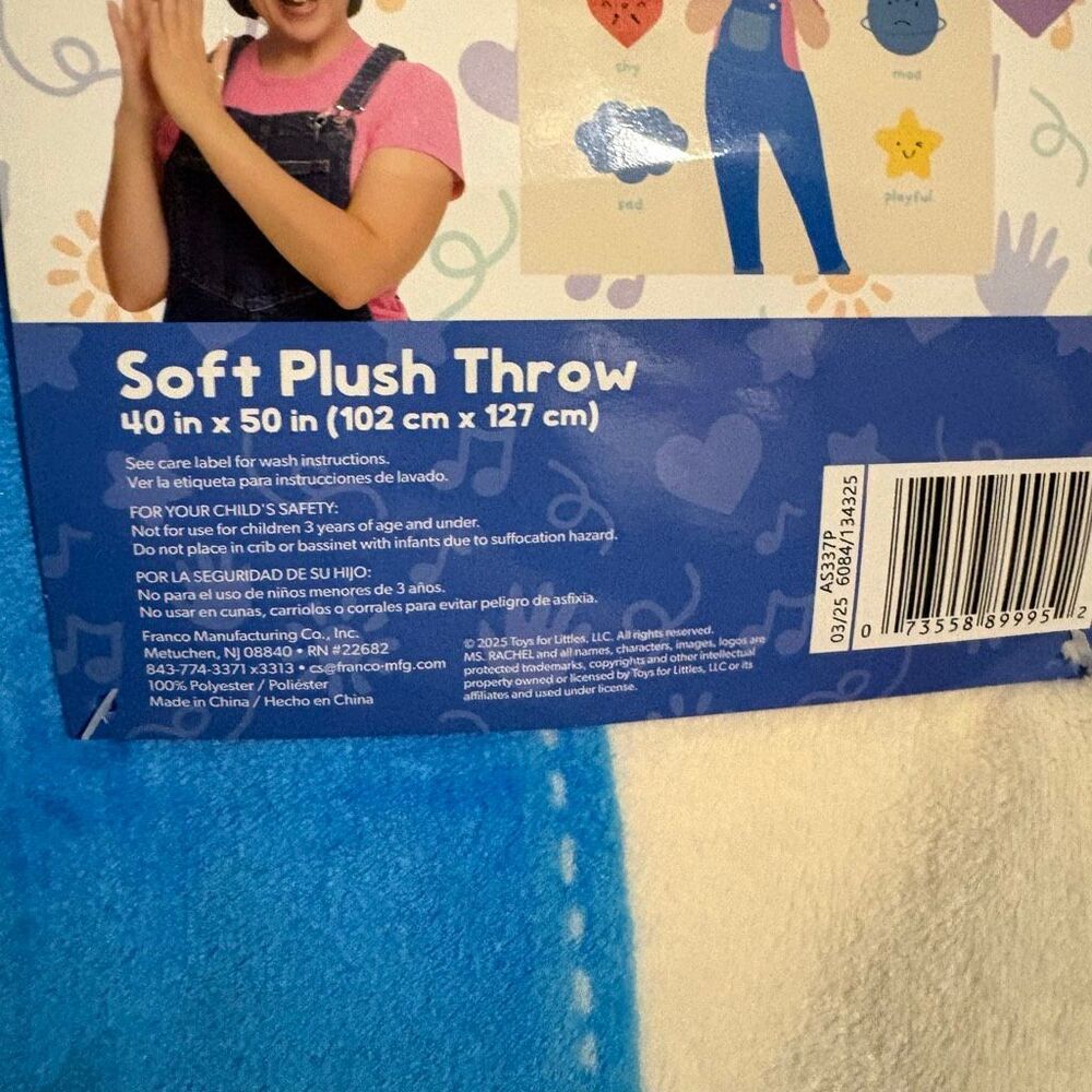 Ms. Rachel Educational Adventures Throw 40 x 50 in by Franco Mixed Emotions NWT - Picture 3 of 4